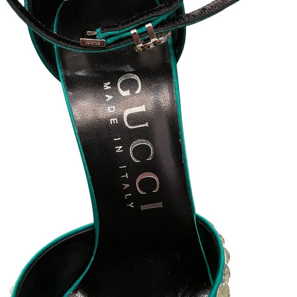 GUCCI Women's Satin High Heel Sandals with Crystals Size 37.5 US 7.5 Green New - Picture 10 of 16